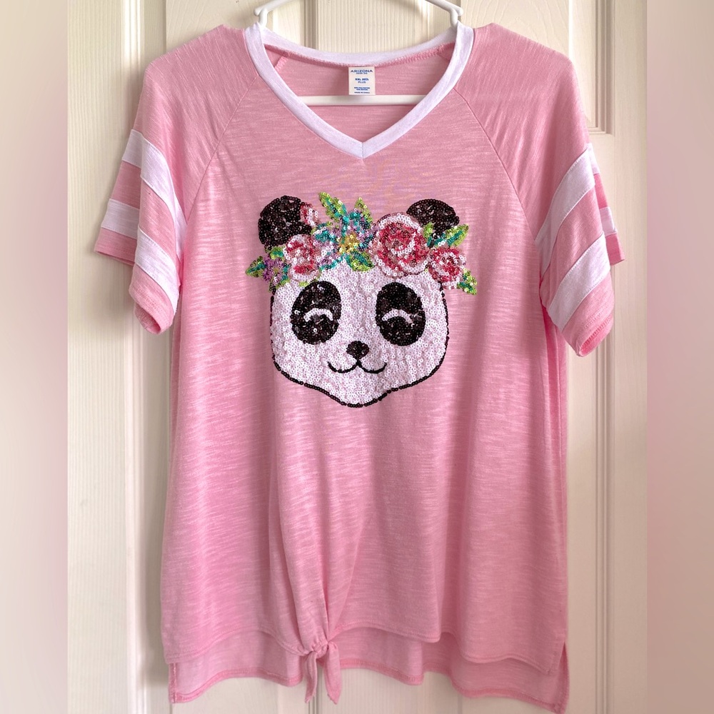 Arizona Girl’s 20 PLUS XXL Tshirt PINK Sequin PANDA Knot Hem